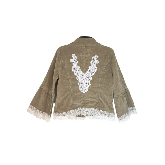 Corduroy Tan Blazer Jacket Size M Long Bell Sleeve Crochet Details Button Boho - Picture 5 of 7